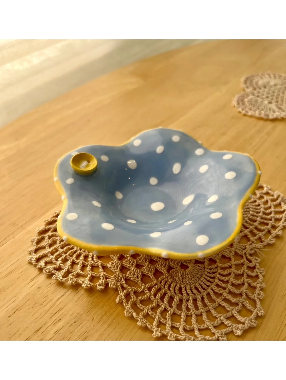 Handmade Ceramic Polka Dot Decorative Bowl with Yellow Accent